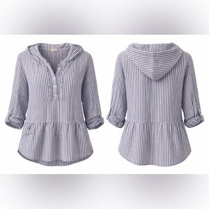 C&C California Blue‎ White Striped Linen Hooded Top Size M